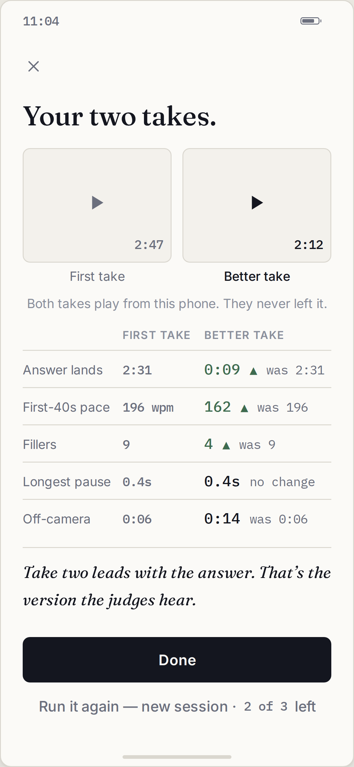 Two takes compared side by side in the Pedestal app